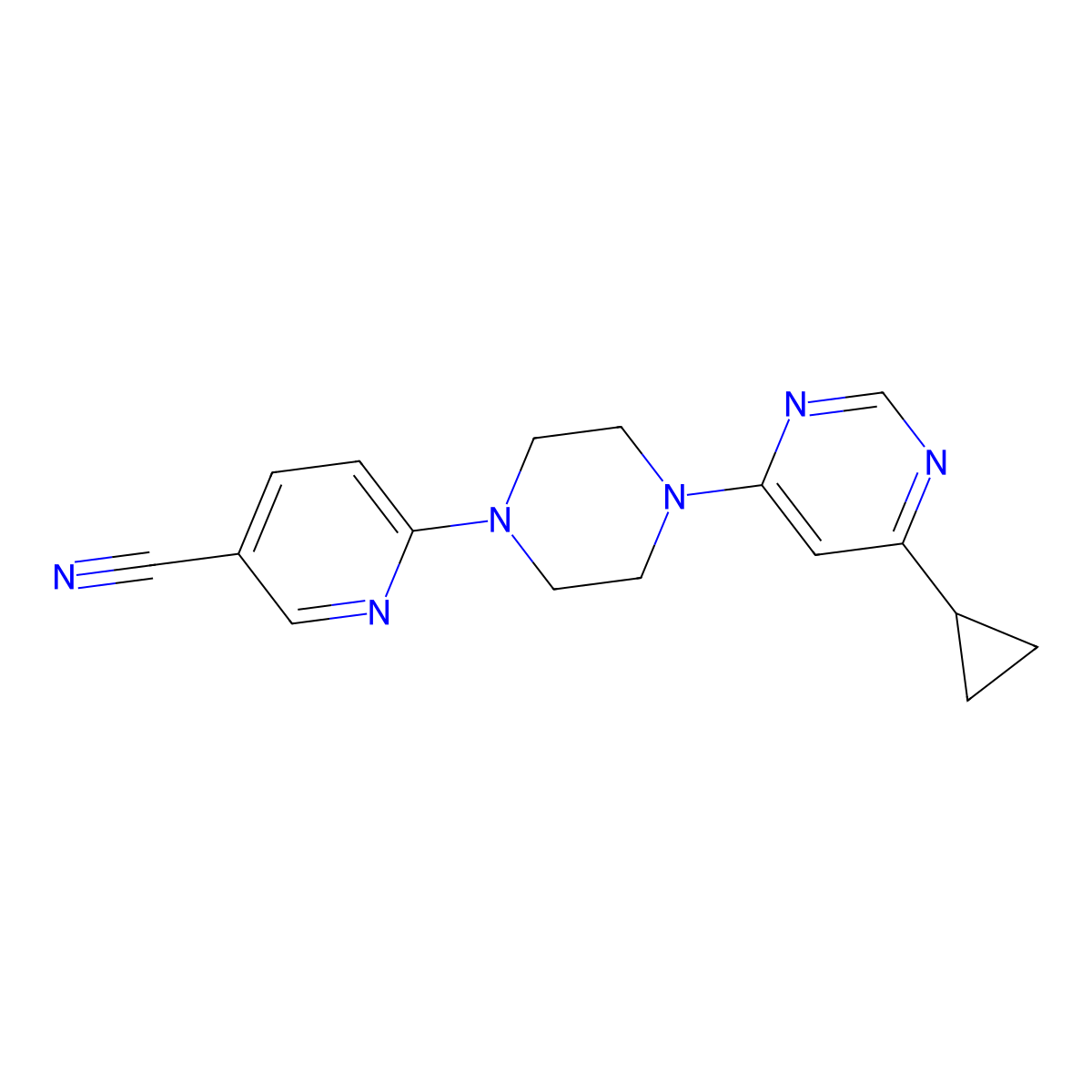 6-[4-(6-Cyclopropylpyrimidin-4-yl)piperazin-1-yl]pyridine-3-carbonitrile molecular structure, CAS 2380144-59-0