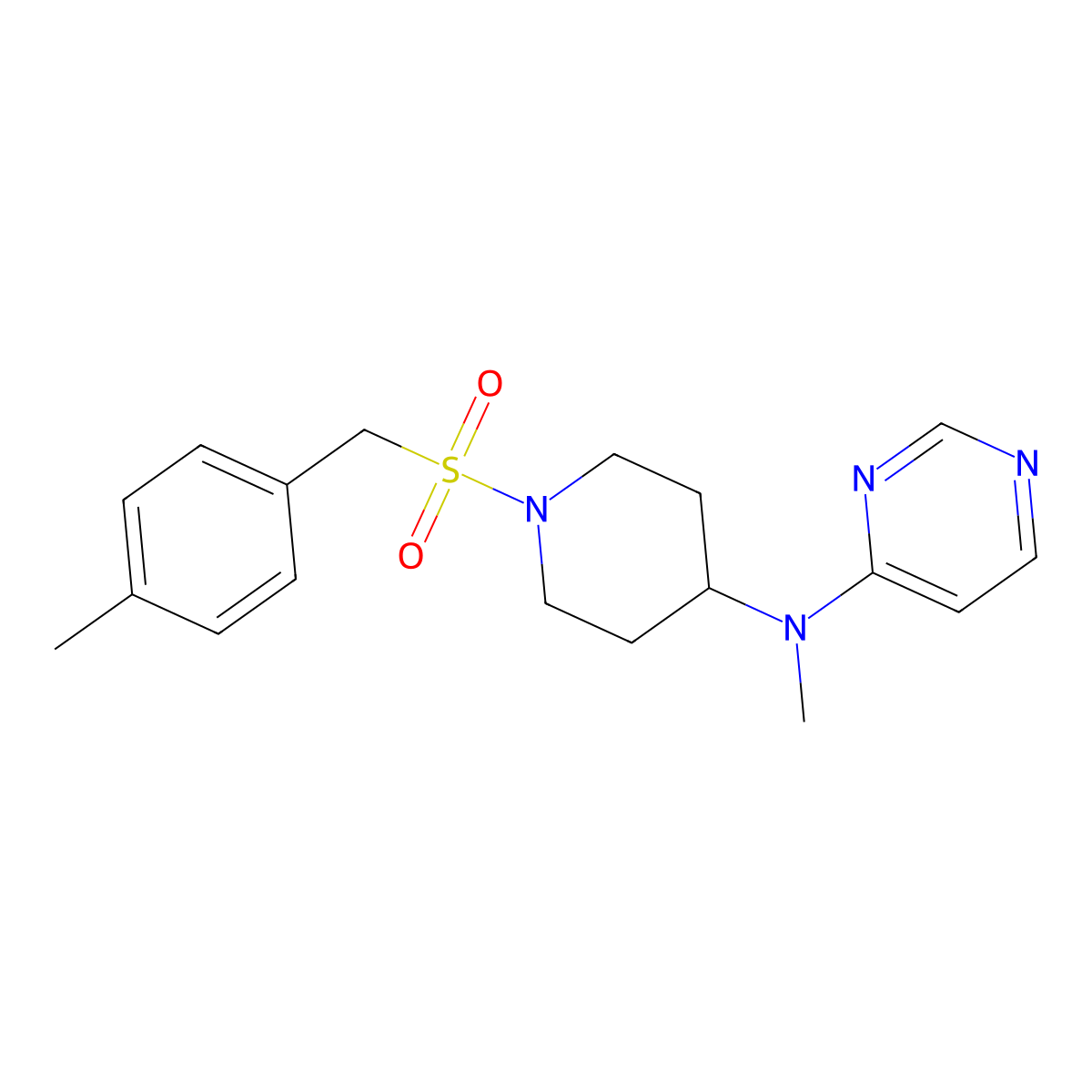 N-methyl-N-{1-[(4-methylphenyl)methanesulfonyl]piperidin-4-yl}pyrimidin-4-amine molecular structure, CAS 2380144-63-6