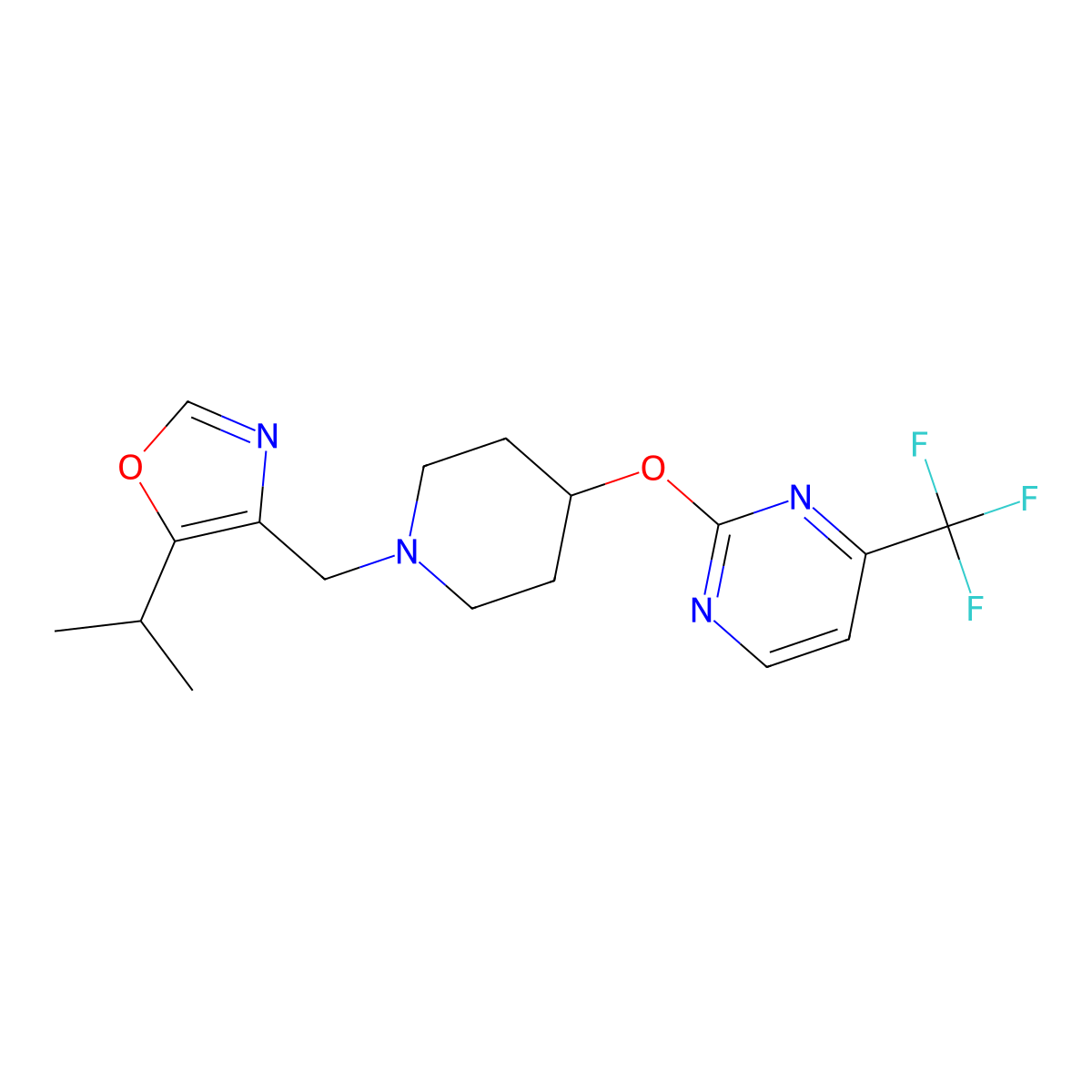 2-[(1-{[5-(Propan-2-yl)-1,3-oxazol-4-yl]methyl}piperidin-4-yl)oxy]-4-(trifluoromethyl)pyrimidine molecular structure, CAS 2380144-93-2