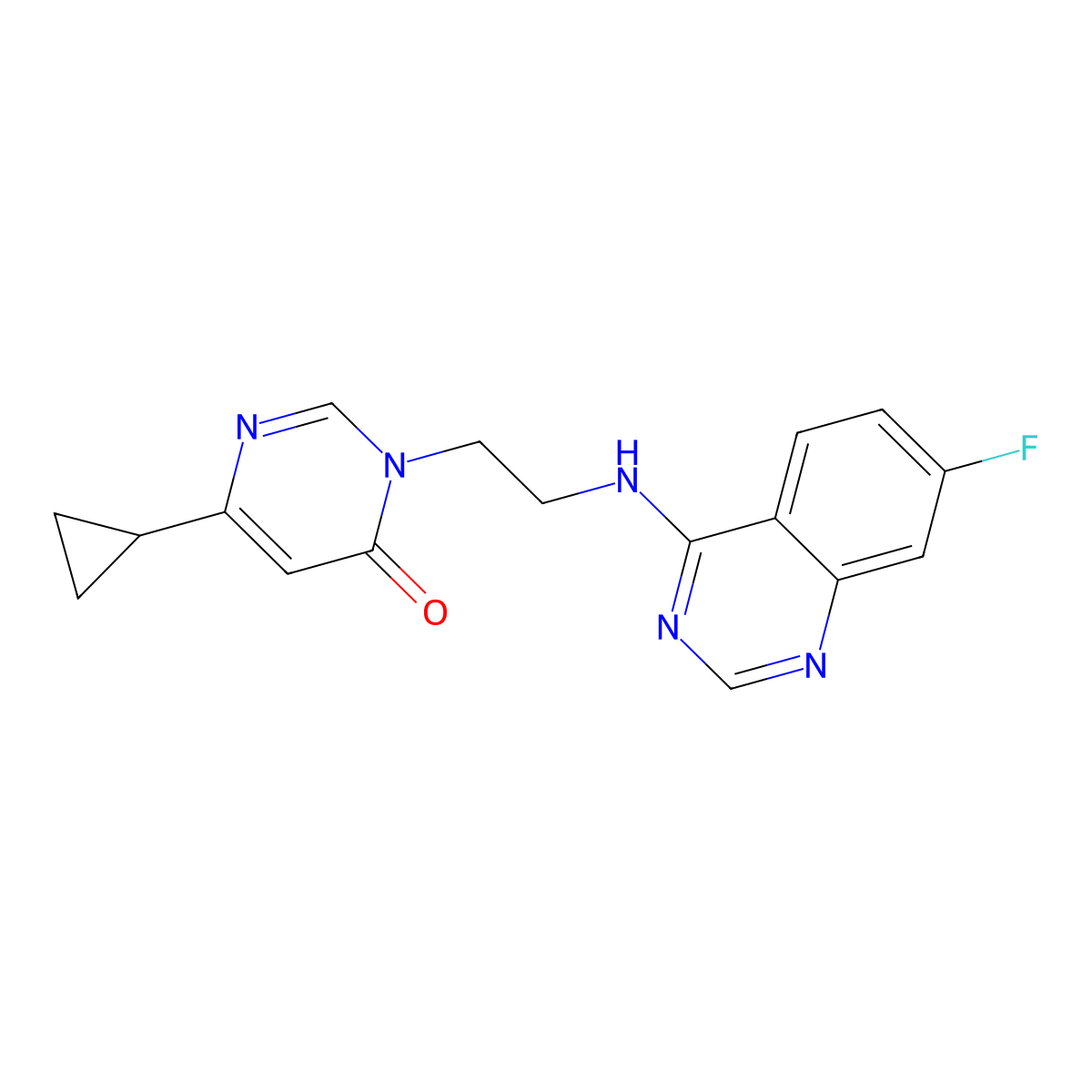 6-Cyclopropyl-3-{2-[(7-fluoroquinazolin-4-yl)amino]ethyl}-3,4-dihydropyrimidin-4-one molecular structure, CAS 2380145-12-8