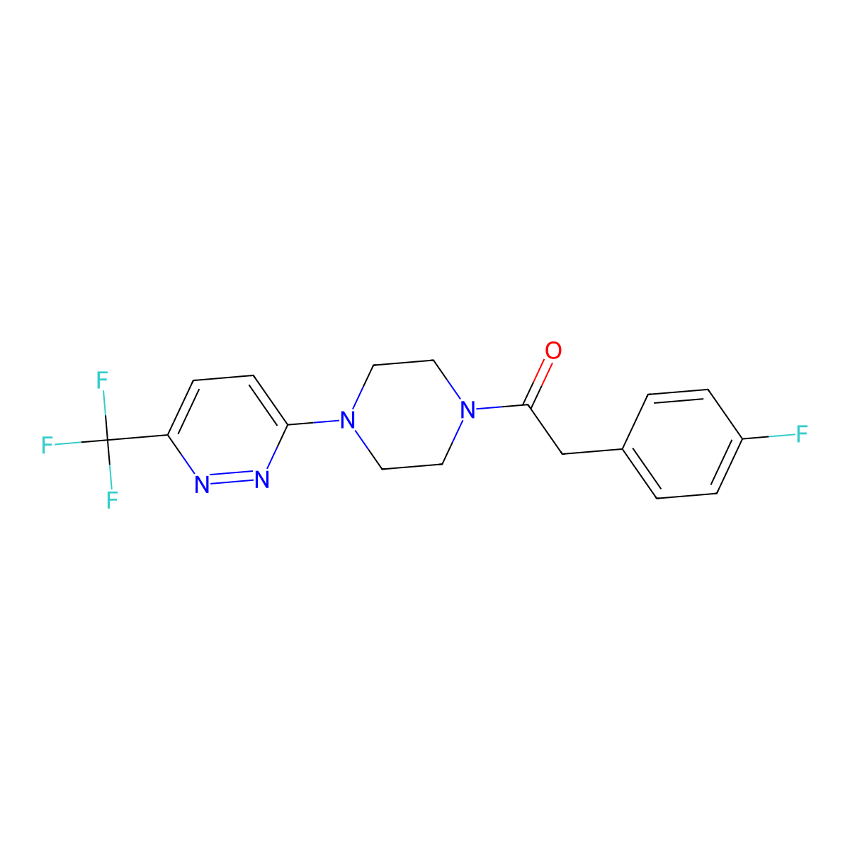 2-(4-Fluorophenyl)-1-{4-[6-(trifluoromethyl)pyridazin-3-yl]piperazin-1-yl}ethan-1-one molecular structure, CAS 2380145-13-9