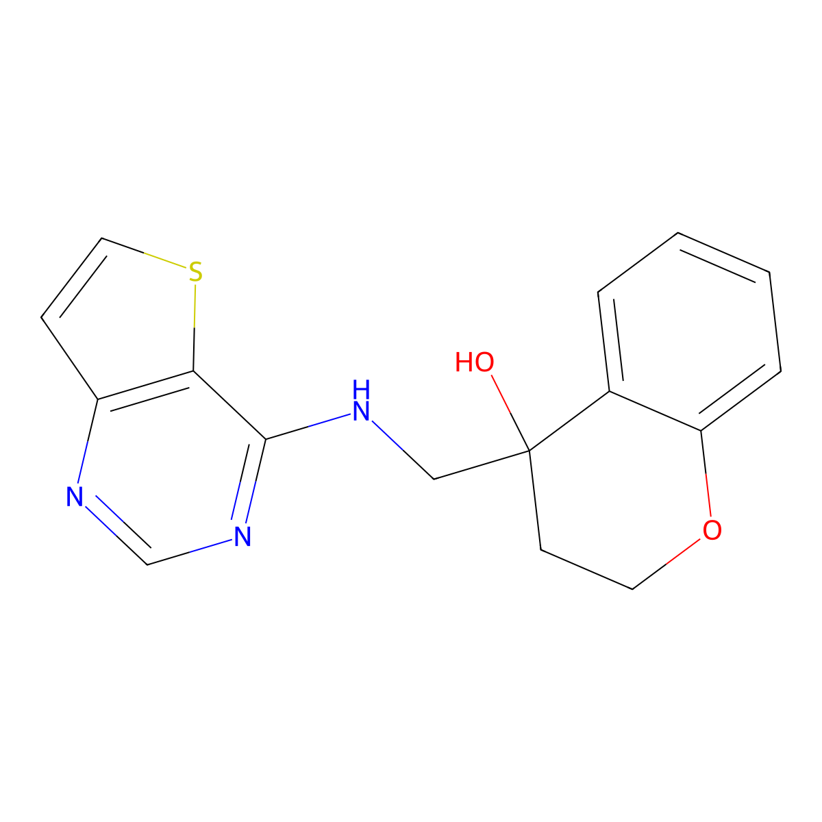 4-[({thieno[3,2-d]pyrimidin-4-yl}amino)methyl]-3,4-dihydro-2H-1-benzopyran-4-ol molecular structure, CAS 2380145-27-5