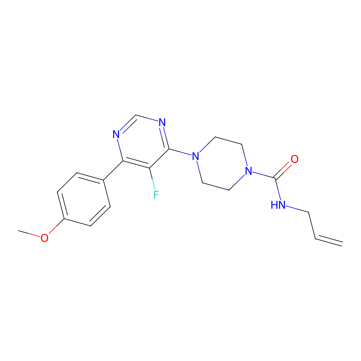 4-[5-fluoro-6-(4-methoxyphenyl)pyrimidin-4-yl]-N-(prop-2-en-1-yl)piperazine-1-carboxamide molecular structure, CAS 2380145-35-5