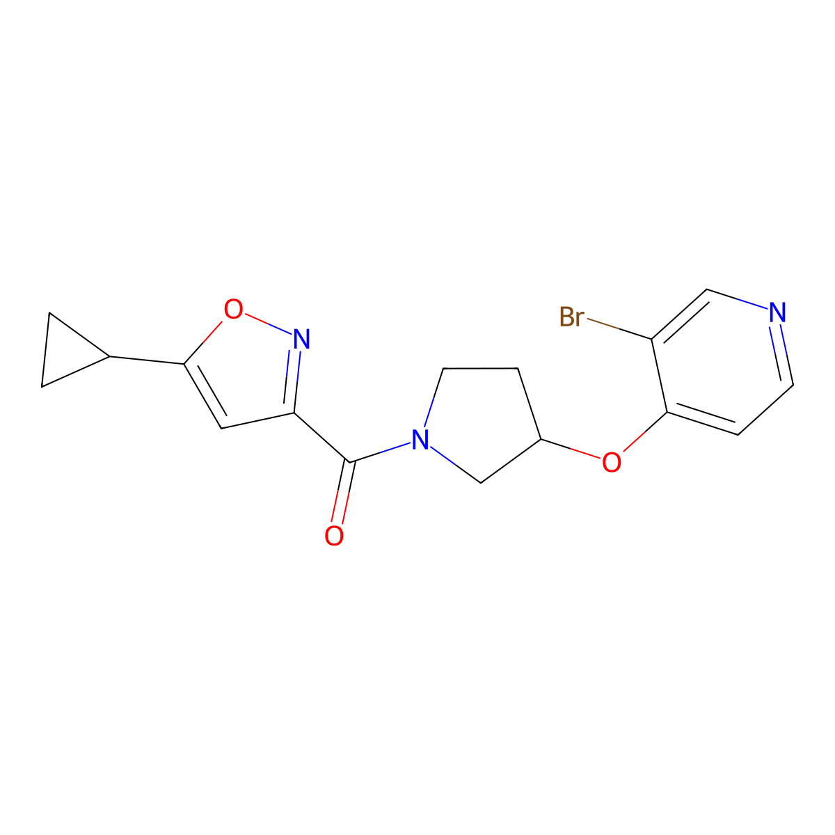 3-Bromo-4-{[1-(5-cyclopropyl-1,2-oxazole-3-carbonyl)pyrrolidin-3-yl]oxy}pyridine molecular structure, CAS 2380145-79-7