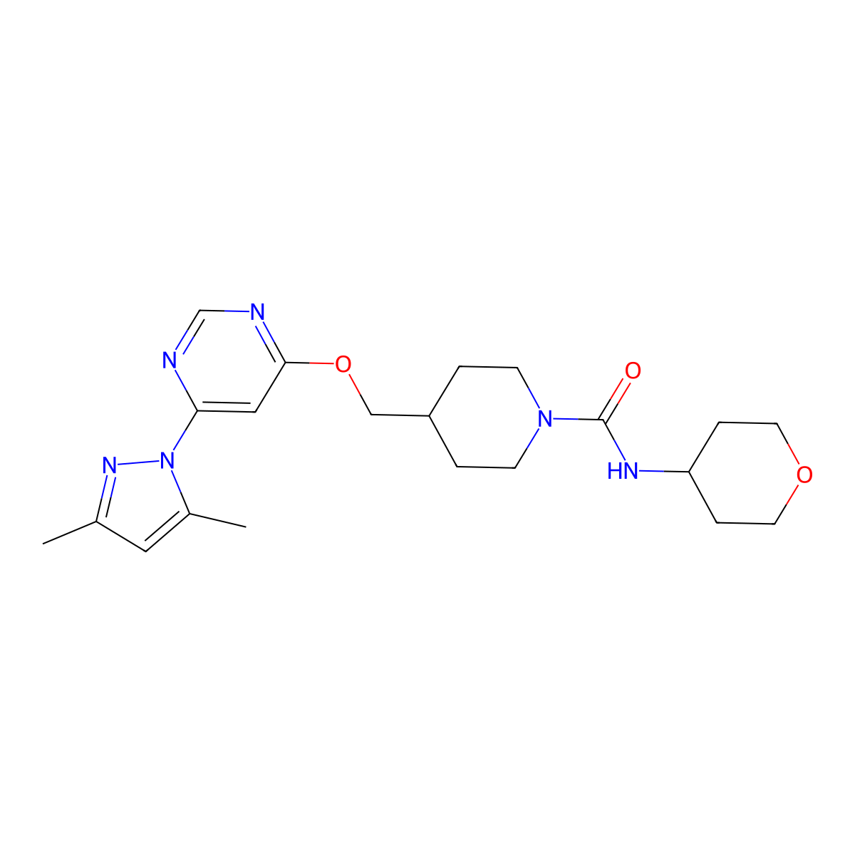 4-({[6-(3,5-dimethyl-1H-pyrazol-1-yl)pyrimidin-4-yl]oxy}methyl)-N-(oxan-4-yl)piperidine-1-carboxamide molecular structure, CAS 2380145-92-4