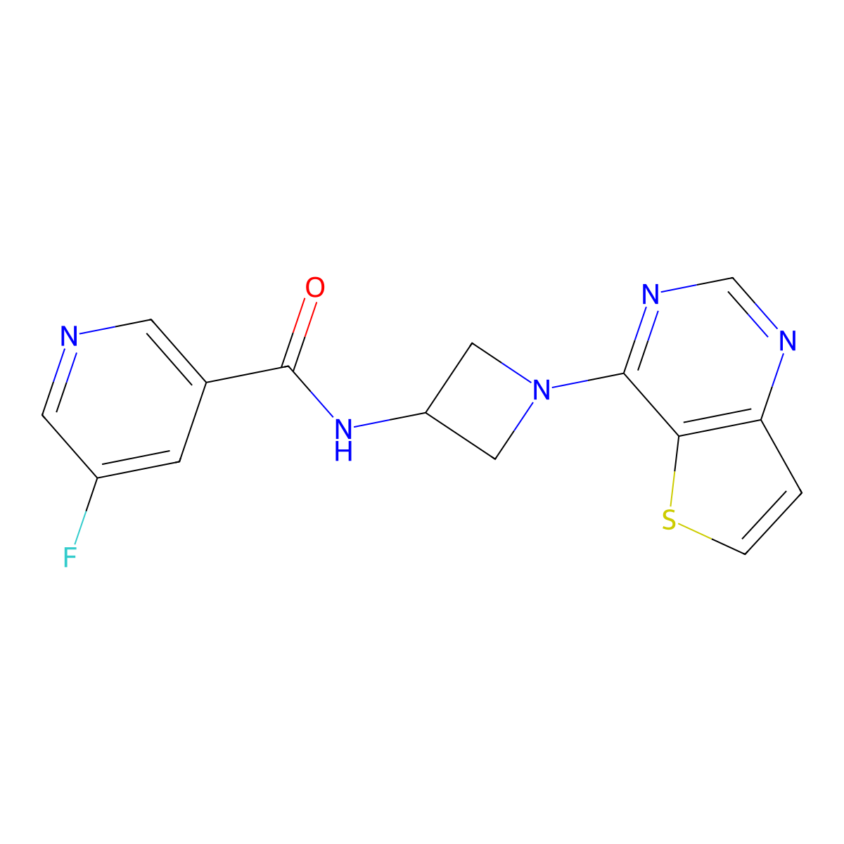 5-fluoro-N-(1-{thieno[3,2-d]pyrimidin-4-yl}azetidin-3-yl)pyridine-3-carboxamide molecular structure, CAS 2380146-00-7