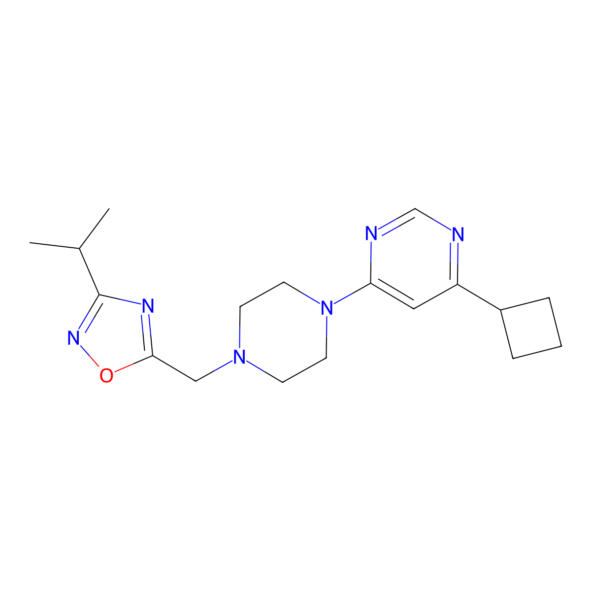 4-Cyclobutyl-6-(4-{[3-(propan-2-yl)-1,2,4-oxadiazol-5-yl]methyl}piperazin-1-yl)pyrimidine molecular structure, CAS 2380166-42-5