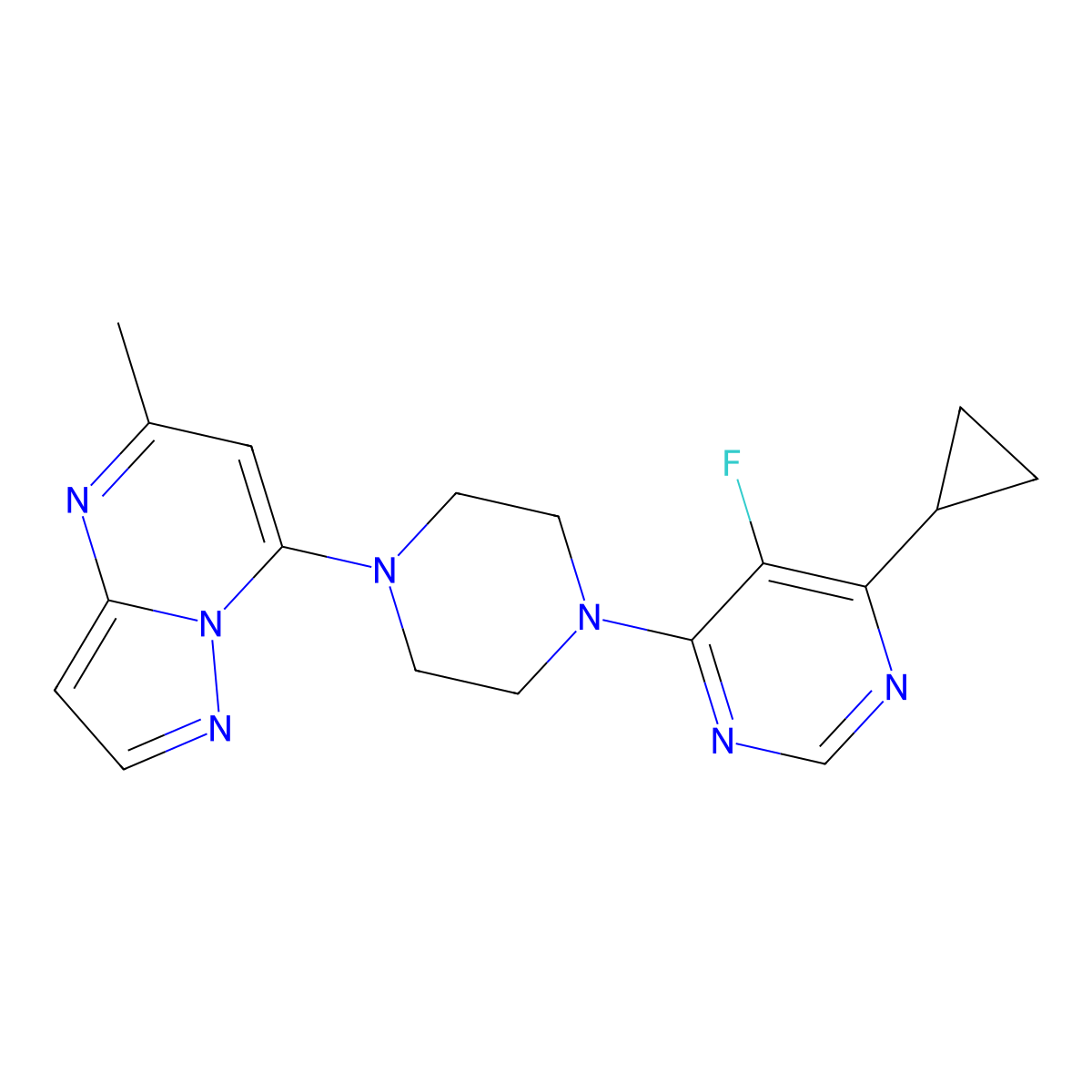 4-Cyclopropyl-5-fluoro-6-(4-{5-methylpyrazolo[1,5-a]pyrimidin-7-yl}piperazin-1-yl)pyrimidine molecular structure, CAS 2380166-55-0