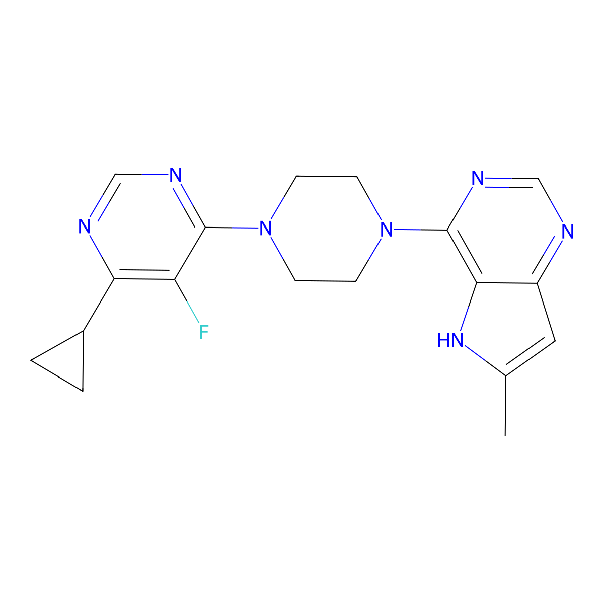 4-cyclopropyl-5-fluoro-6-(4-{6-methyl-5H-pyrrolo[3,2-d]pyrimidin-4-yl}piperazin-1-yl)pyrimidine molecular structure, CAS 2380166-70-9