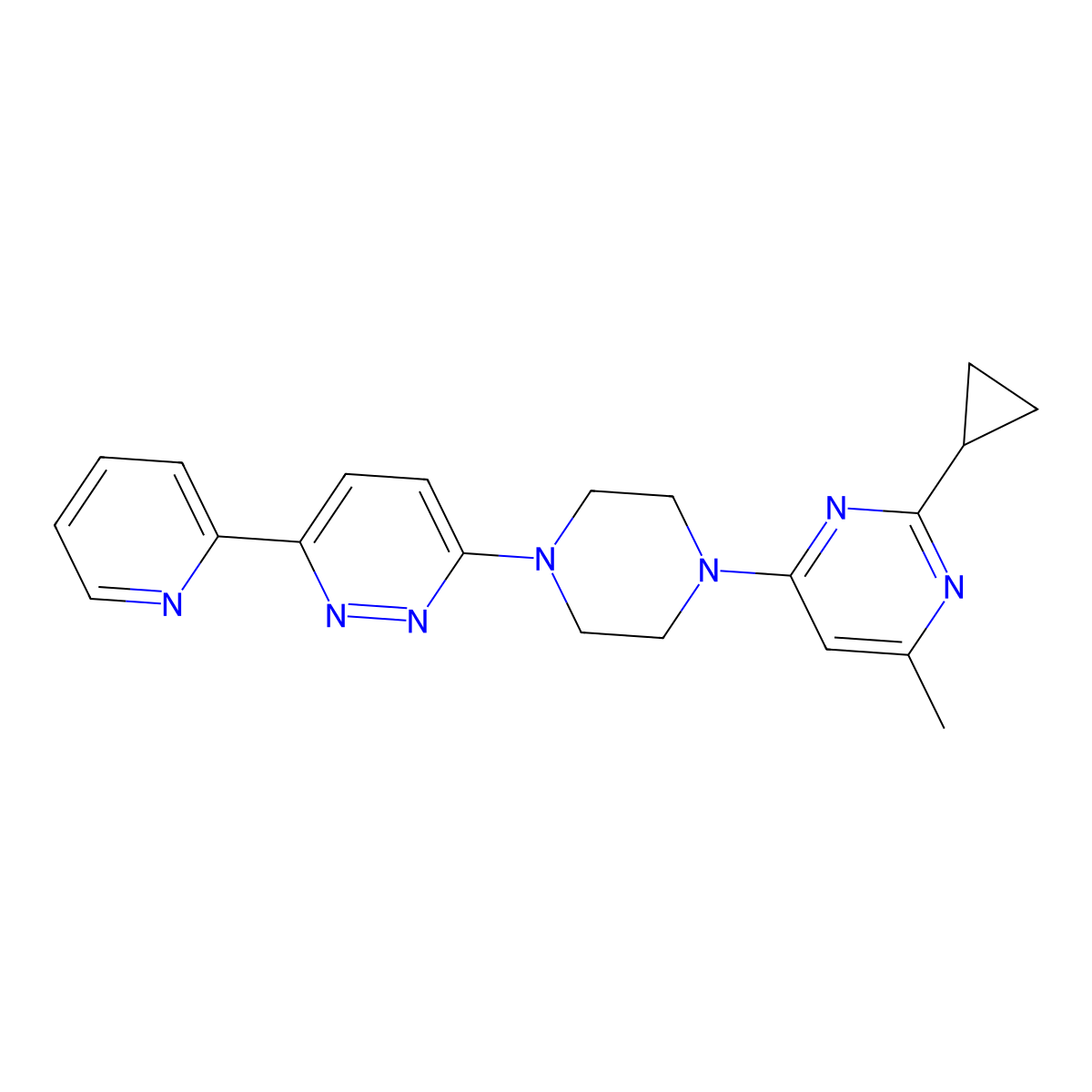 2-Cyclopropyl-4-methyl-6-{4-[6-(pyridin-2-yl)pyridazin-3-yl]piperazin-1-yl}pyrimidine molecular structure, CAS 2380166-74-3