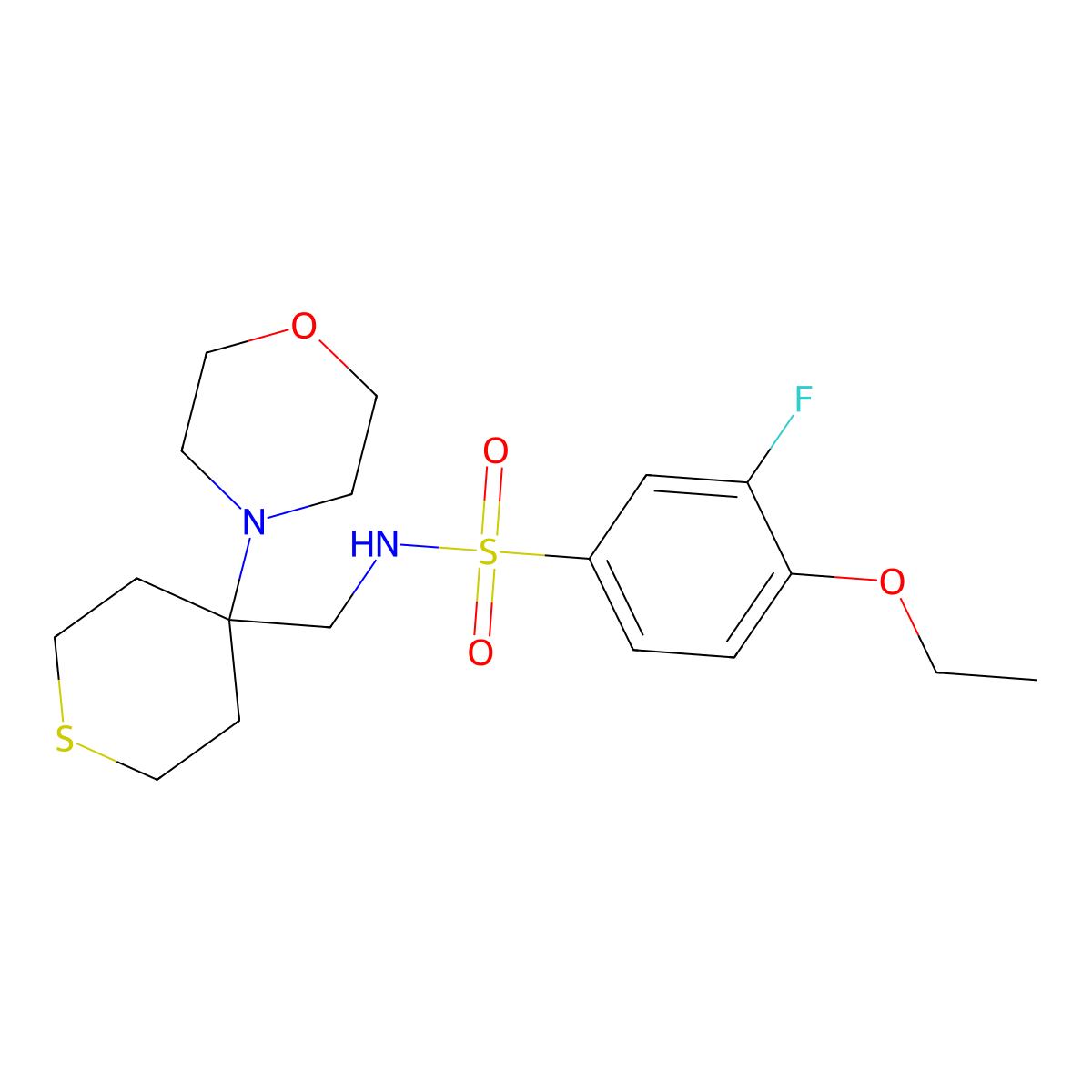 4-ethoxy-3-fluoro-N-{[4-(morpholin-4-yl)thian-4-yl]methyl}benzene-1-sulfonamide molecular structure, CAS 2380166-83-4