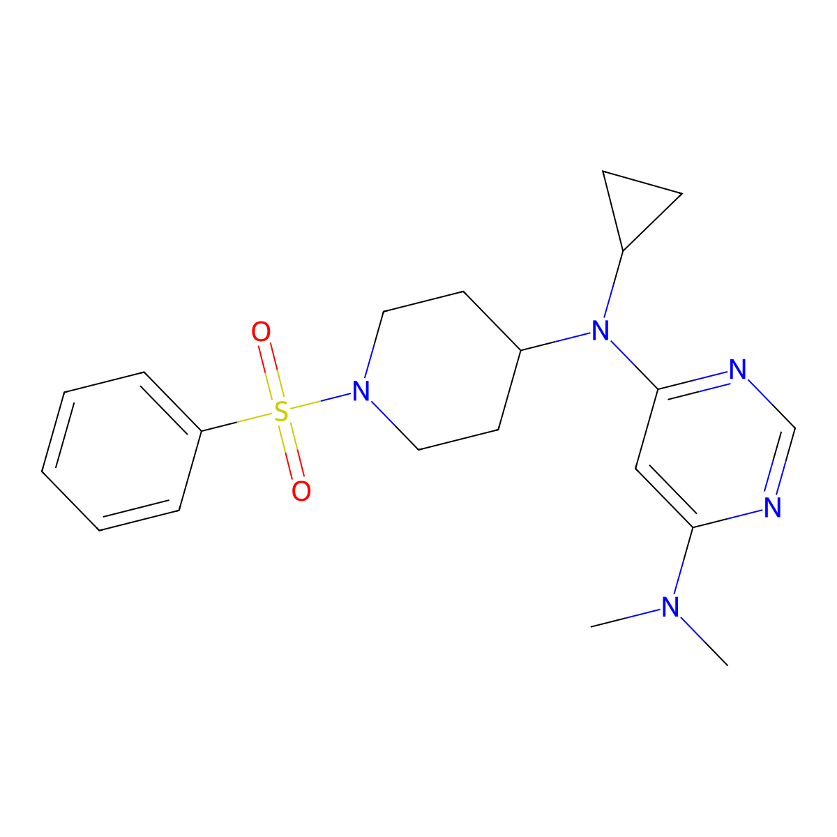 N4-[1-(benzenesulfonyl)piperidin-4-yl]-N4-cyclopropyl-N6,N6-dimethylpyrimidine-4,6-diamine molecular structure, CAS 2380167-06-4