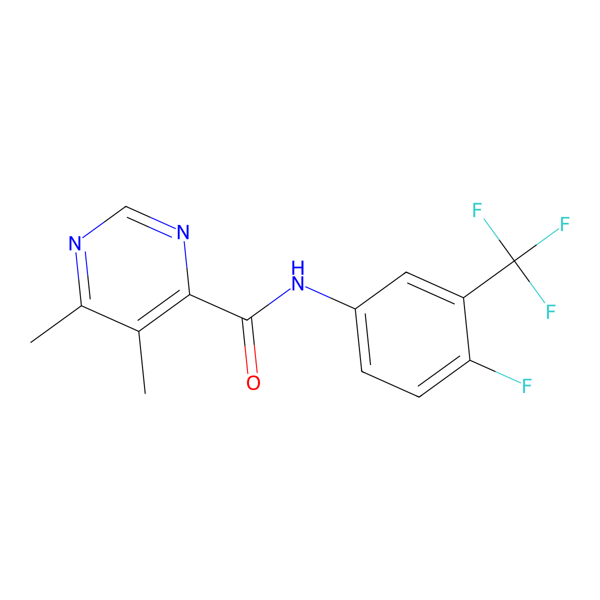 N-[4-Fluoro-3-(trifluoromethyl)phenyl]-5,6-dimethylpyrimidine-4-carboxamide molecular structure, CAS 2380167-11-1