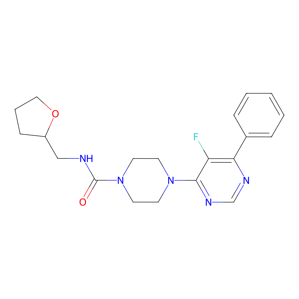 4-(5-fluoro-6-phenylpyrimidin-4-yl)-N-[(oxolan-2-yl)methyl]piperazine-1-carboxamide molecular structure, CAS 2380167-15-5