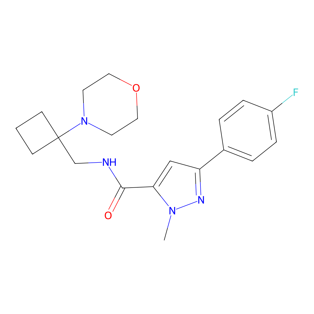 3-(4-fluorophenyl)-1-methyl-N-{[1-(morpholin-4-yl)cyclobutyl]methyl}-1H-pyrazole-5-carboxamide molecular structure, CAS 2380167-31-5