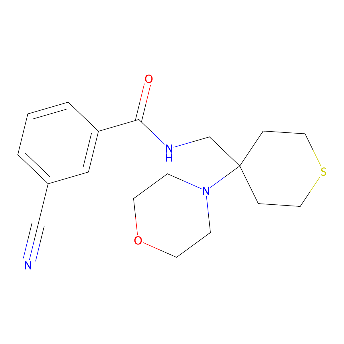 3-cyano-N-{[4-(morpholin-4-yl)thian-4-yl]methyl}benzamide molecular structure, CAS 2380167-59-7