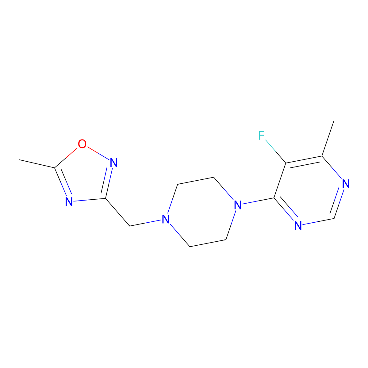 5-Fluoro-4-methyl-6-{4-[(5-methyl-1,2,4-oxadiazol-3-yl)methyl]piperazin-1-yl}pyrimidine molecular structure, CAS 2380167-64-4