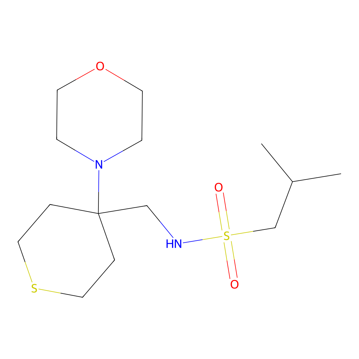 2-methyl-N-{[4-(morpholin-4-yl)thian-4-yl]methyl}propane-1-sulfonamide molecular structure, CAS 2380167-65-5