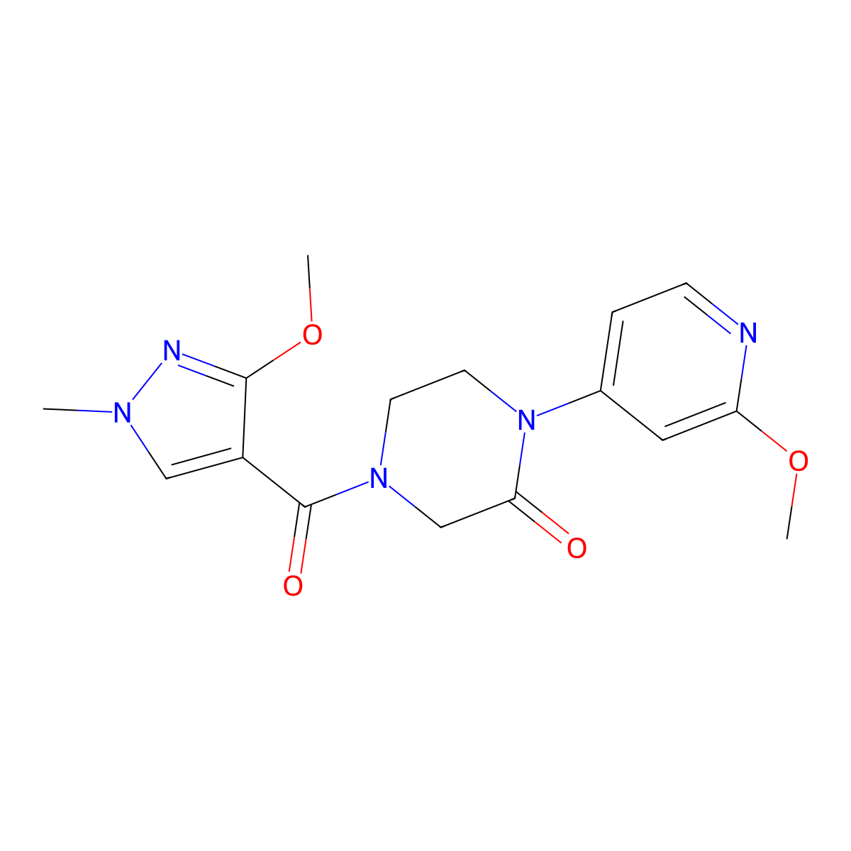 4-(3-methoxy-1-methyl-1H-pyrazole-4-carbonyl)-1-(2-methoxypyridin-4-yl)piperazin-2-one molecular structure, CAS 2380167-72-4