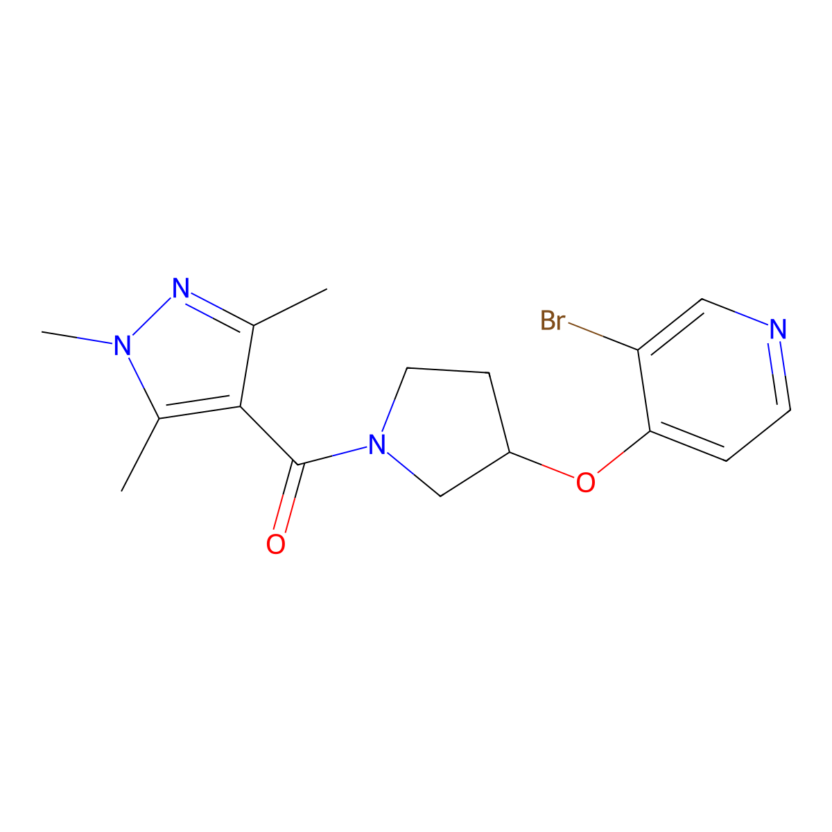 3-bromo-4-{[1-(1,3,5-trimethyl-1H-pyrazole-4-carbonyl)pyrrolidin-3-yl]oxy}pyridine molecular structure, CAS 2380167-80-4