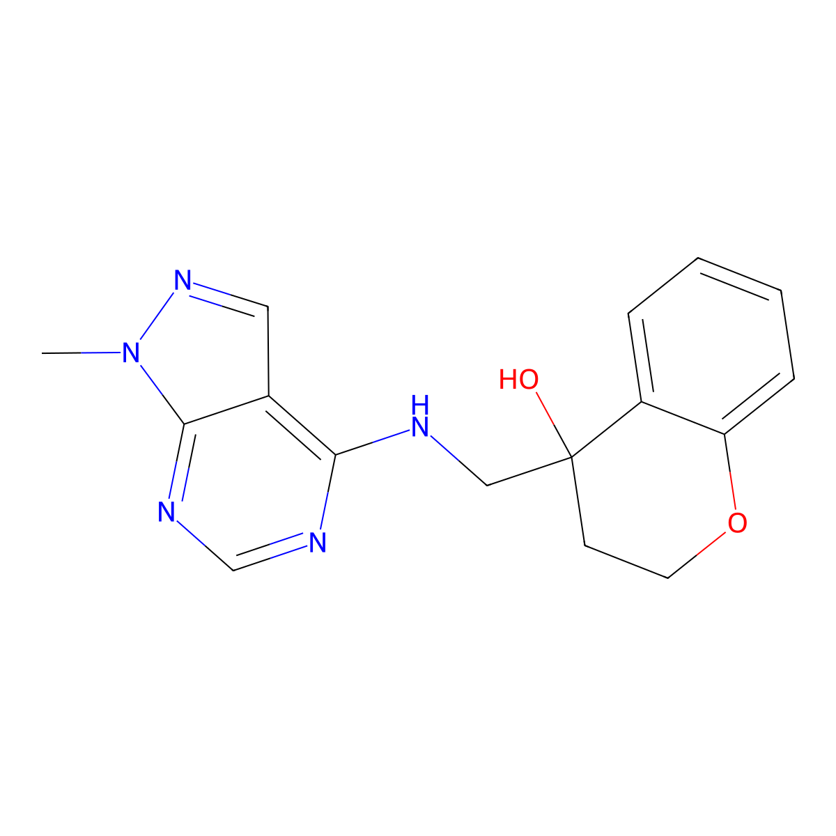 4-[({1-methyl-1H-pyrazolo[3,4-d]pyrimidin-4-yl}amino)methyl]-3,4-dihydro-2H-1-benzopyran-4-ol molecular structure, CAS 2380168-23-8