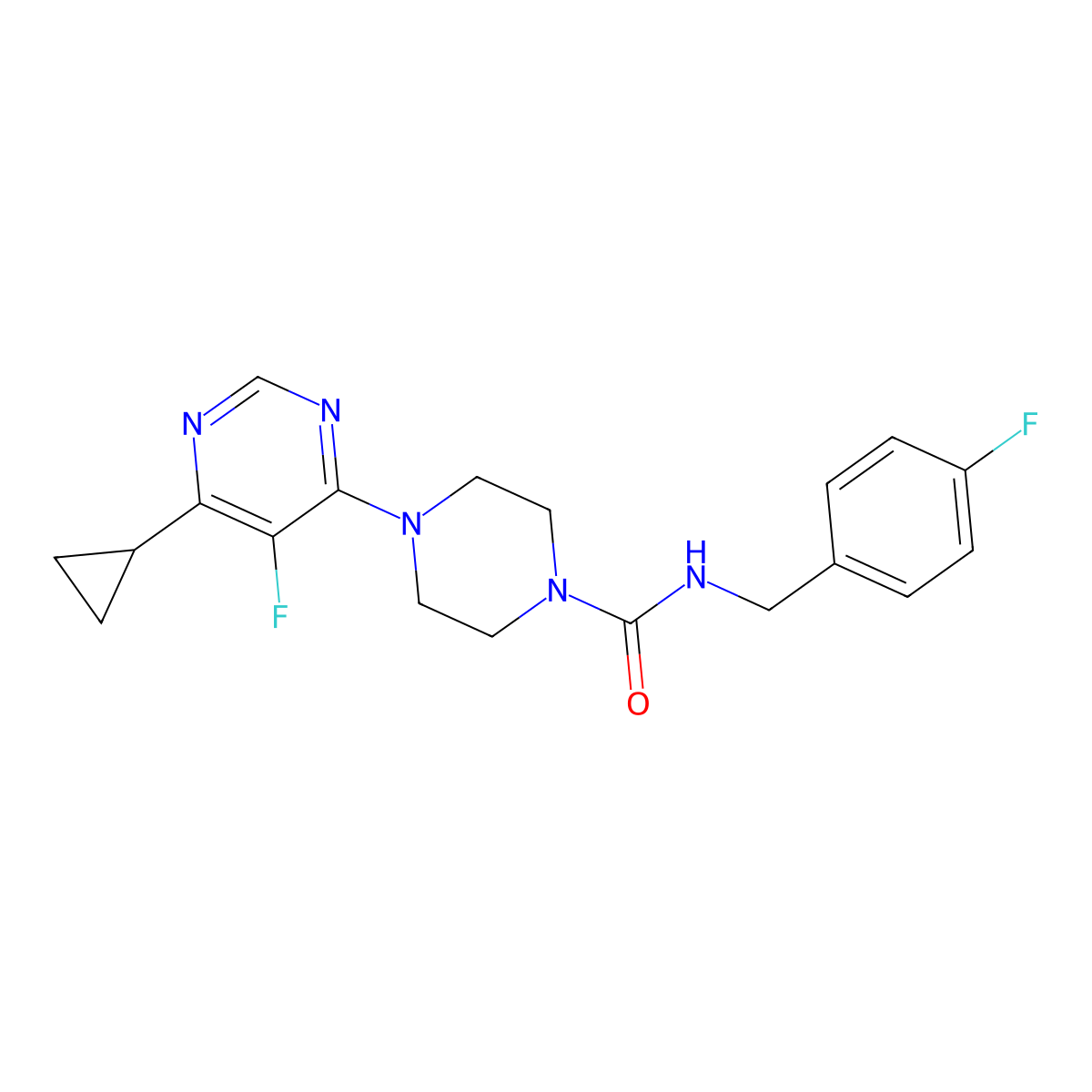 4-(6-Cyclopropyl-5-fluoropyrimidin-4-yl)-N-[(4-fluorophenyl)methyl]piperazine-1-carboxamide molecular structure, CAS 2380168-46-5