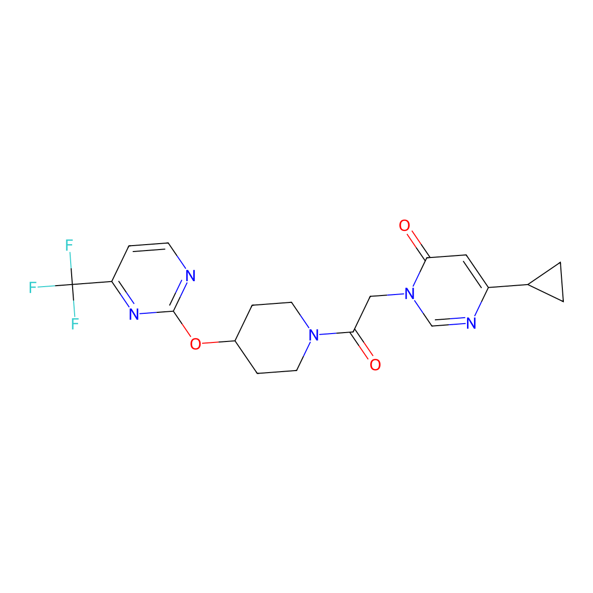 6-Cyclopropyl-3-[2-oxo-2-(4-{[4-(trifluoromethyl)pyrimidin-2-yl]oxy}piperidin-1-yl)ethyl]-3,4-dihydropyrimidin-4-one molecular structure, CAS 2380168-53-4