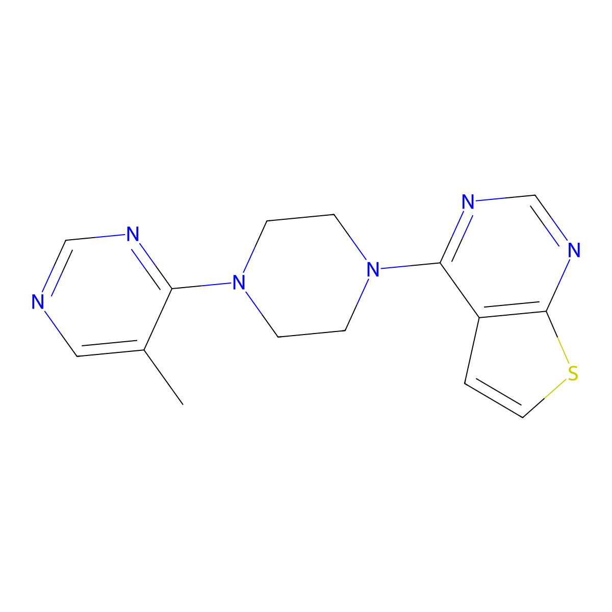 5-Methyl-4-(4-{thieno[2,3-d]pyrimidin-4-yl}piperazin-1-yl)pyrimidine molecular structure, CAS 2380168-60-3