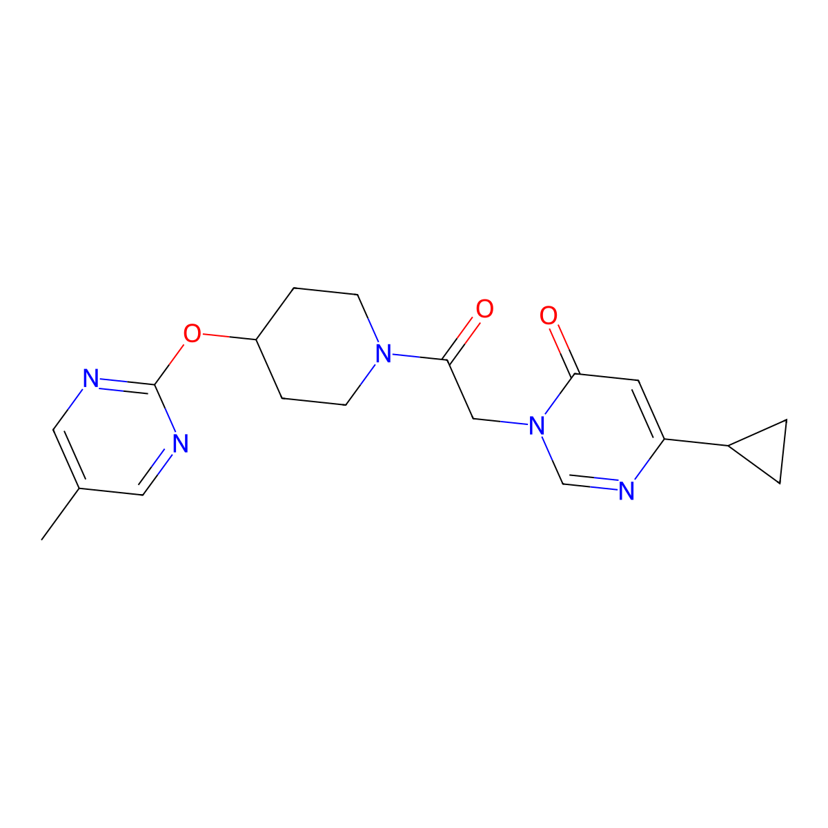 6-Cyclopropyl-3-(2-{4-[(5-methylpyrimidin-2-yl)oxy]piperidin-1-yl}-2-oxoethyl)-3,4-dihydropyrimidin-4-one molecular structure, CAS 2380168-84-1