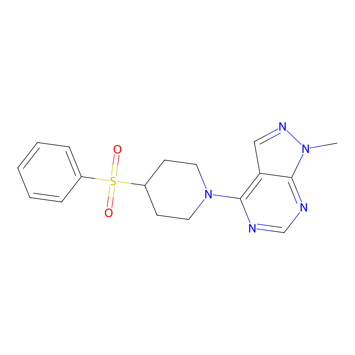 4-(benzenesulfonyl)-1-{1-methyl-1H-pyrazolo[3,4-d]pyrimidin-4-yl}piperidine molecular structure, CAS 2380168-89-6