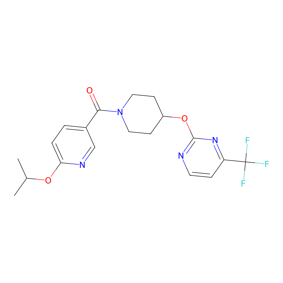 2-({1-[6-(Propan-2-yloxy)pyridine-3-carbonyl]piperidin-4-yl}oxy)-4-(trifluoromethyl)pyrimidine molecular structure, CAS 2380168-91-0
