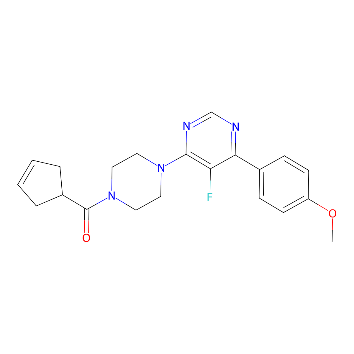 4-[4-(Cyclopent-3-ene-1-carbonyl)piperazin-1-yl]-5-fluoro-6-(4-methoxyphenyl)pyrimidine molecular structure, CAS 2380169-01-5