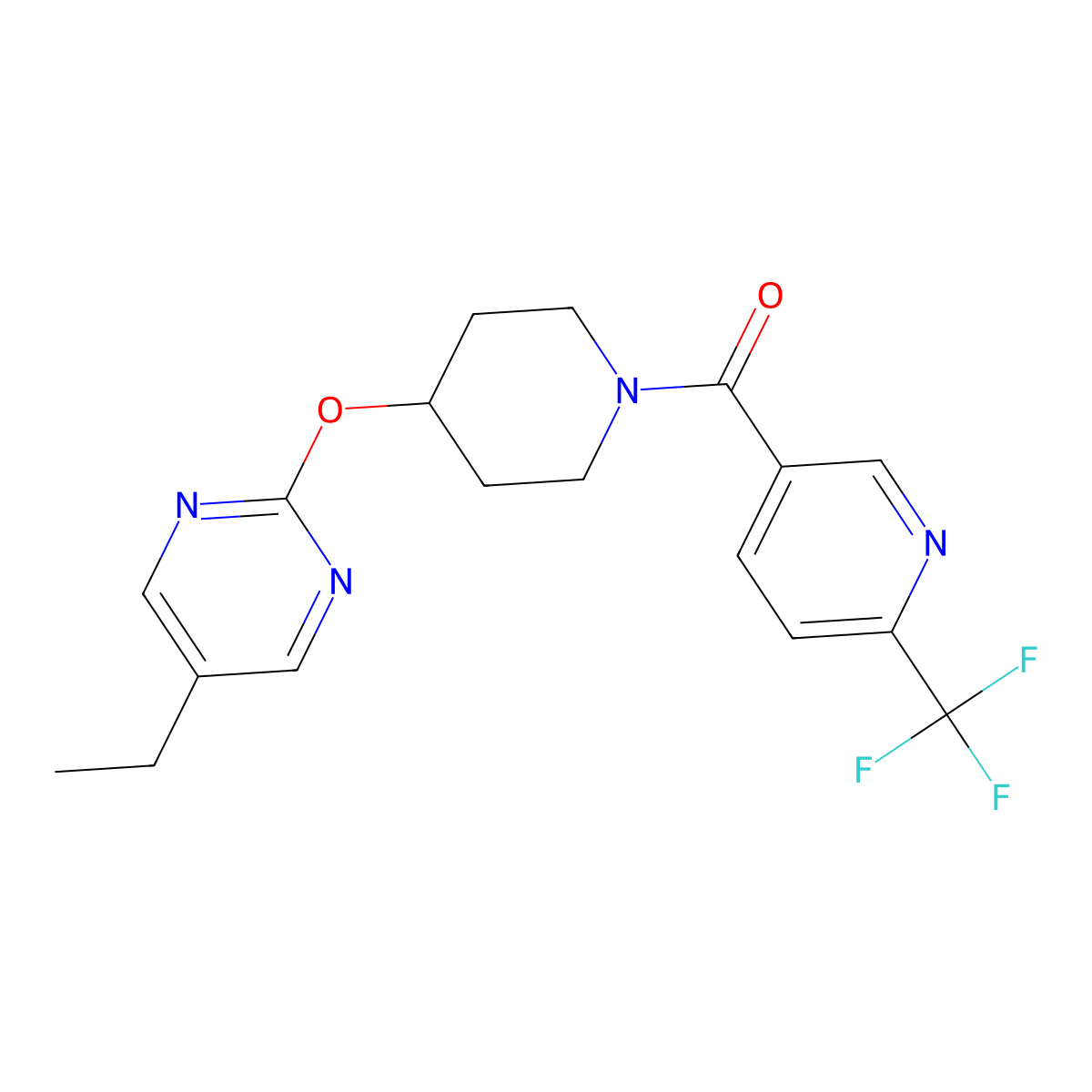 5-Ethyl-2-({1-[6-(trifluoromethyl)pyridine-3-carbonyl]piperidin-4-yl}oxy)pyrimidine molecular structure, CAS 2380169-12-8