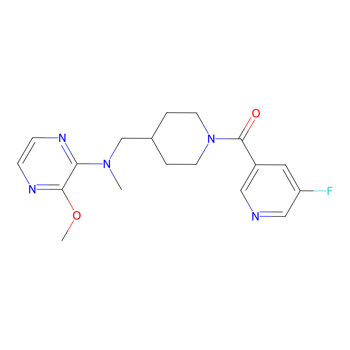 N-{[1-(5-fluoropyridine-3-carbonyl)piperidin-4-yl]methyl}-3-methoxy-N-methylpyrazin-2-amine molecular structure, CAS 2380169-20-8
