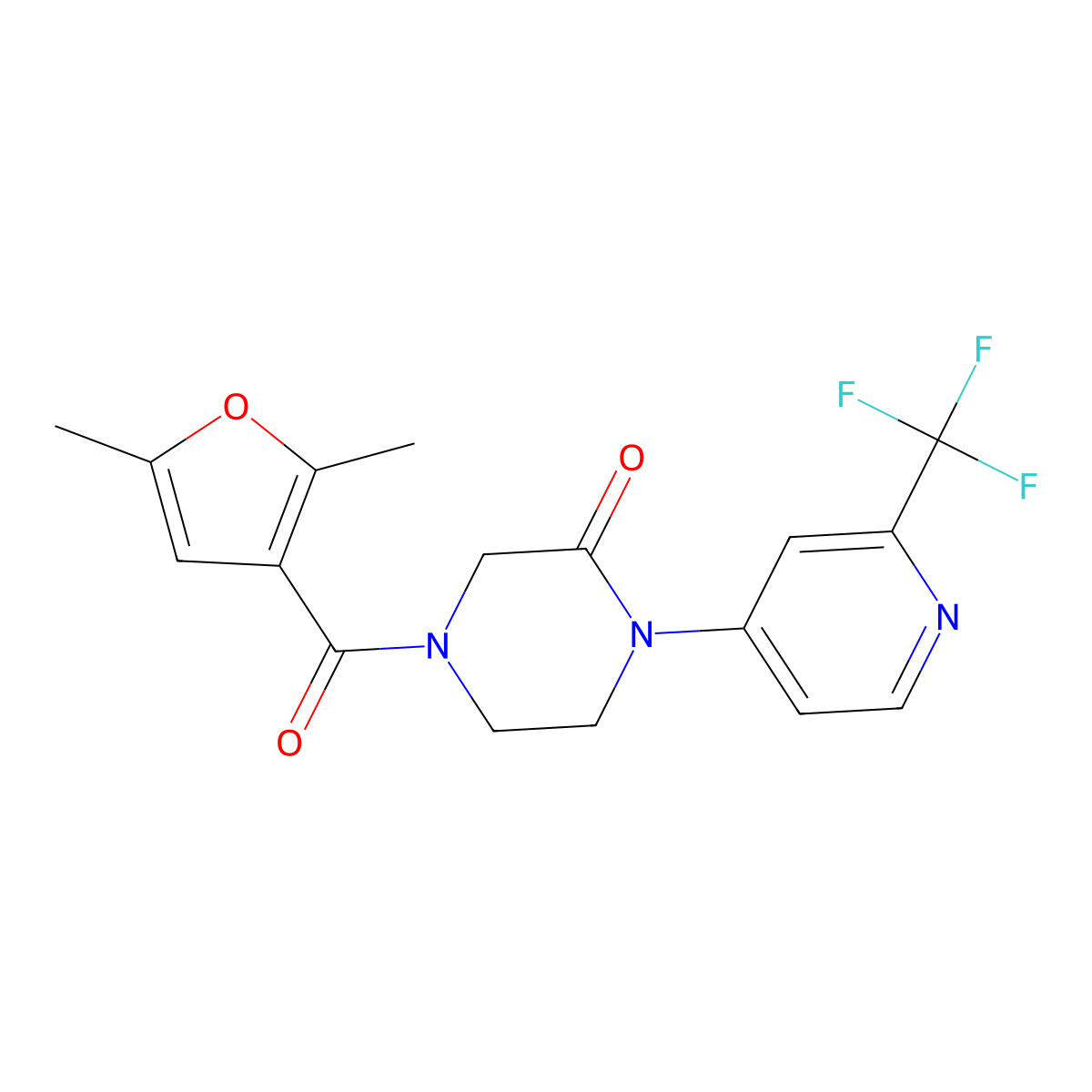 4-(2,5-Dimethylfuran-3-carbonyl)-1-[2-(trifluoromethyl)pyridin-4-yl]piperazin-2-one molecular structure, CAS 2380169-44-6