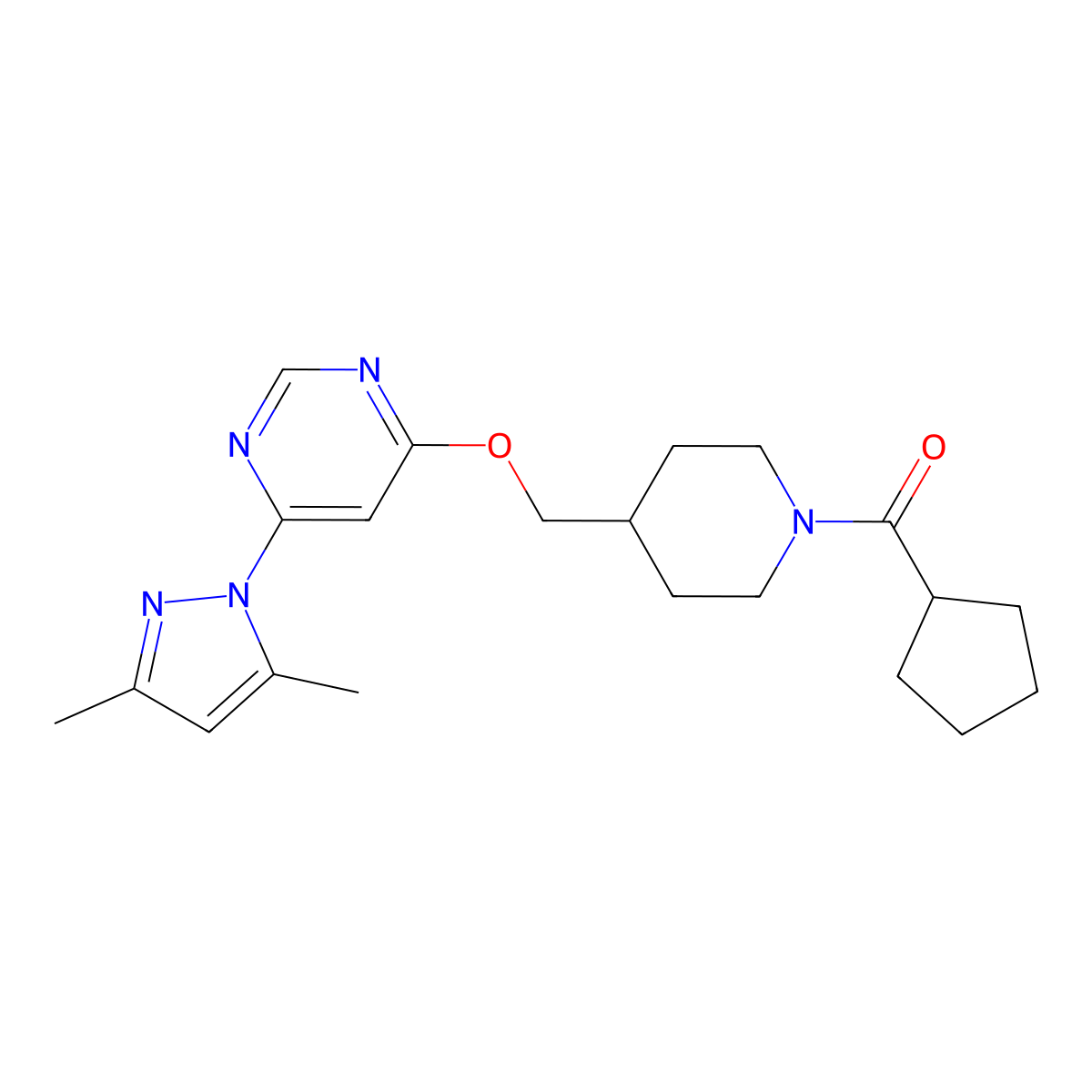 4-[(1-cyclopentanecarbonylpiperidin-4-yl)methoxy]-6-(3,5-dimethyl-1H-pyrazol-1-yl)pyrimidine molecular structure, CAS 2380169-56-0