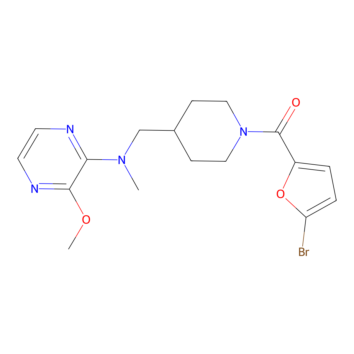 N-{[1-(5-bromofuran-2-carbonyl)piperidin-4-yl]methyl}-3-methoxy-N-methylpyrazin-2-amine molecular structure, CAS 2380169-64-0