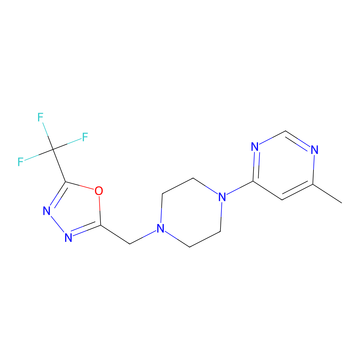 4-Methyl-6-(4-{[5-(trifluoromethyl)-1,3,4-oxadiazol-2-yl]methyl}piperazin-1-yl)pyrimidine molecular structure, CAS 2380169-73-1