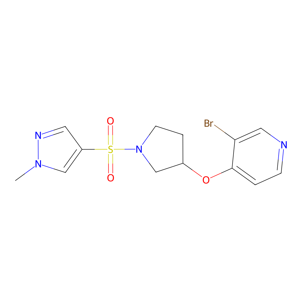 3-bromo-4-({1-[(1-methyl-1H-pyrazol-4-yl)sulfonyl]pyrrolidin-3-yl}oxy)pyridine molecular structure, CAS 2380169-93-5