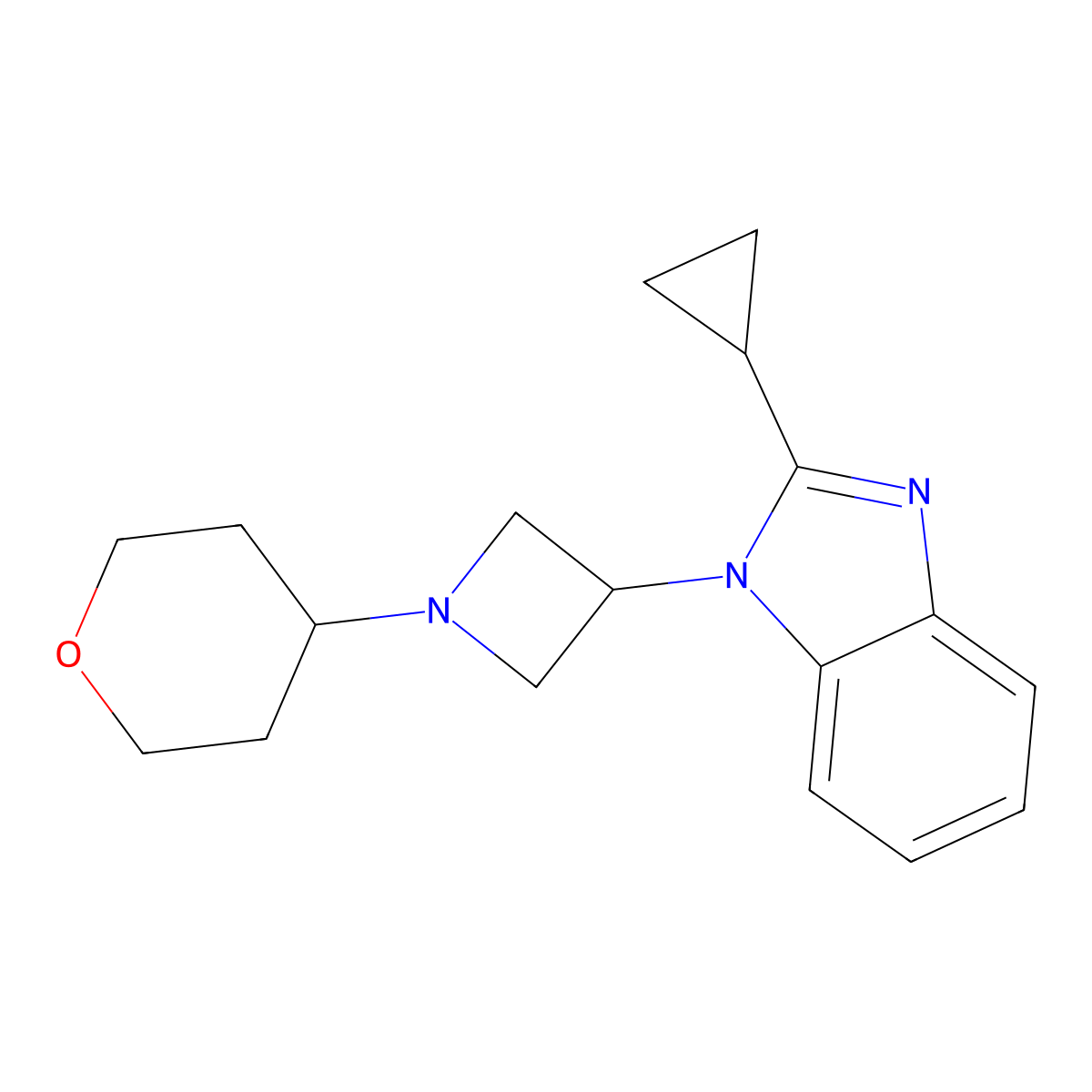 2-cyclopropyl-1-[1-(oxan-4-yl)azetidin-3-yl]-1H-1,3-benzodiazole molecular structure, CAS 2380170-13-6
