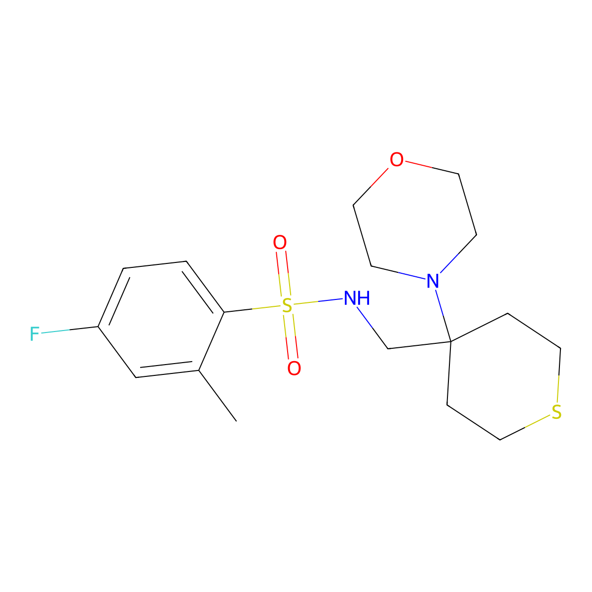 4-fluoro-2-methyl-N-{[4-(morpholin-4-yl)thian-4-yl]methyl}benzene-1-sulfonamide molecular structure, CAS 2380170-30-7