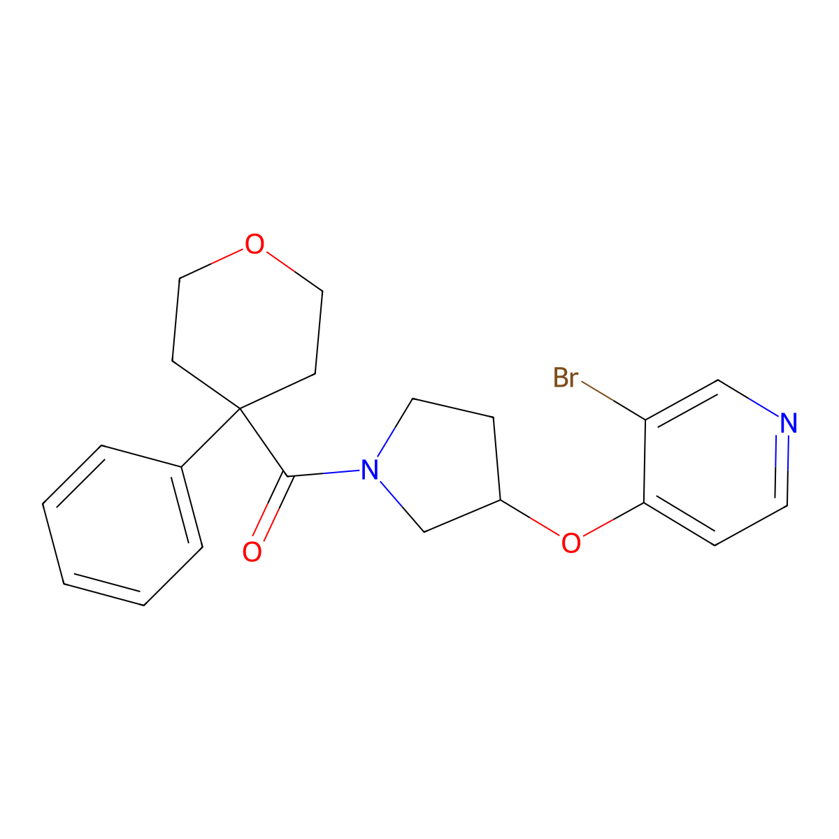 3-Bromo-4-{[1-(4-phenyloxane-4-carbonyl)pyrrolidin-3-yl]oxy}pyridine molecular structure, CAS 2380170-45-4