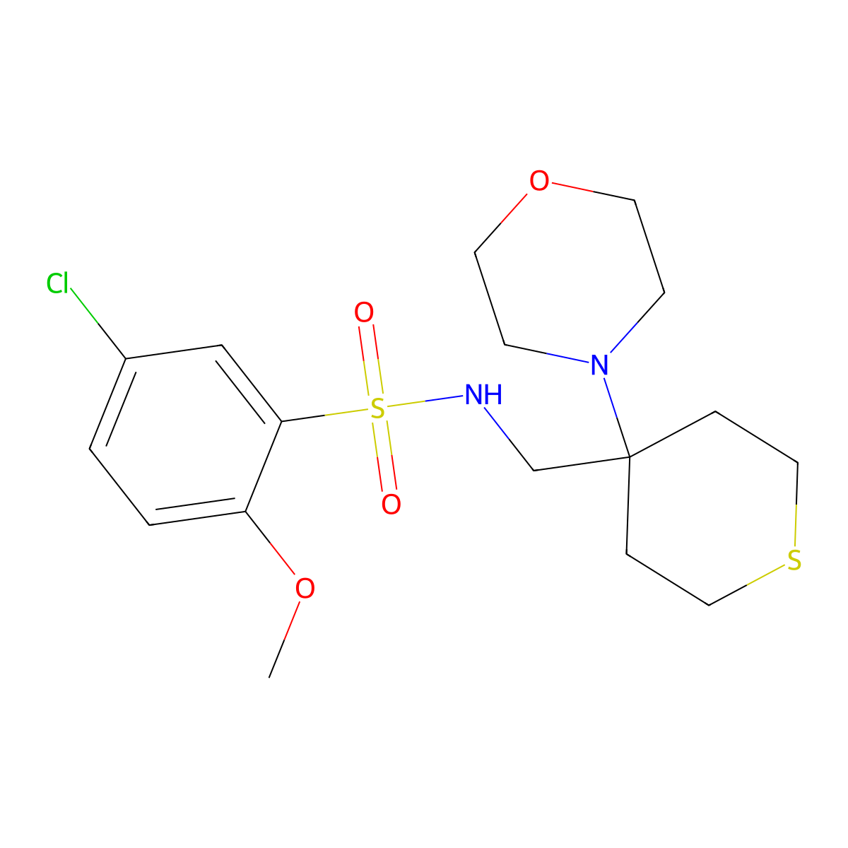 5-chloro-2-methoxy-N-{[4-(morpholin-4-yl)thian-4-yl]methyl}benzene-1-sulfonamide molecular structure, CAS 2380170-66-9