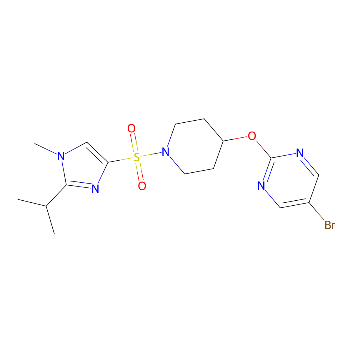 5-bromo-2-[(1-{[1-methyl-2-(propan-2-yl)-1H-imidazol-4-yl]sulfonyl}piperidin-4-yl)oxy]pyrimidine molecular structure, CAS 2380170-75-0