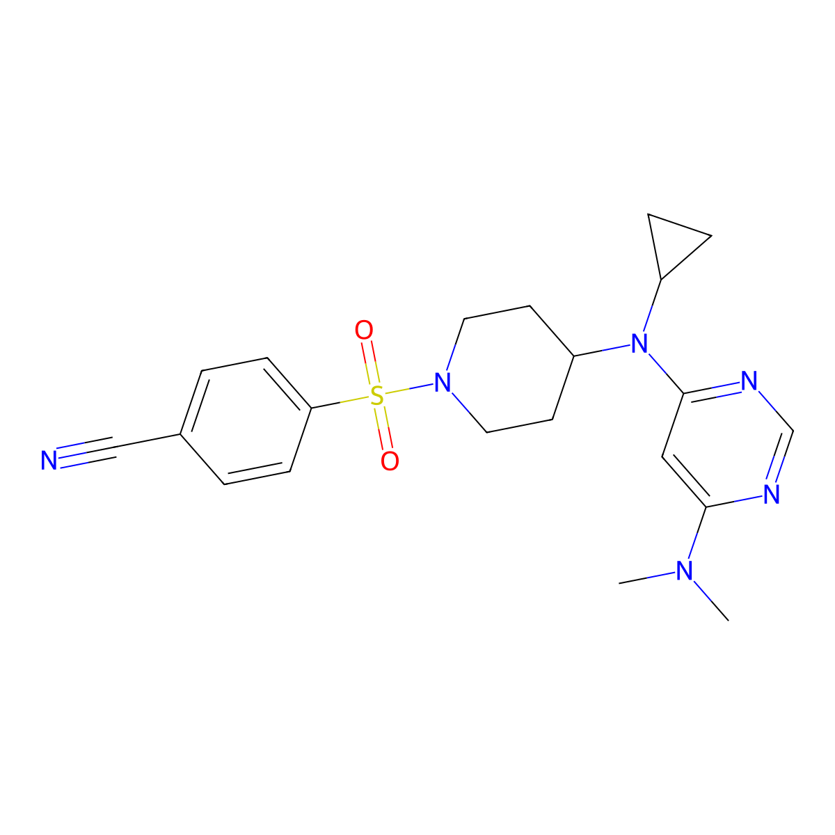 4-[(4-{Cyclopropyl[6-(dimethylamino)pyrimidin-4-yl]amino}piperidin-1-yl)sulfonyl]benzonitrile molecular structure, CAS 2380170-90-9
