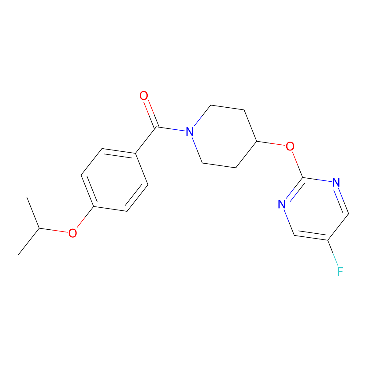 5-Fluoro-2-({1-[4-(propan-2-yloxy)benzoyl]piperidin-4-yl}oxy)pyrimidine molecular structure, CAS 2380171-32-2