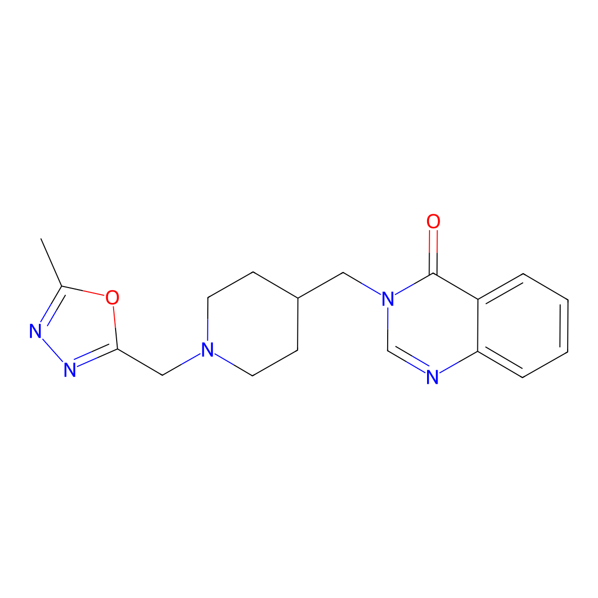 3-({1-[(5-Methyl-1,3,4-oxadiazol-2-yl)methyl]piperidin-4-yl}methyl)-3,4-dihydroquinazolin-4-one molecular structure, CAS 2380171-50-4