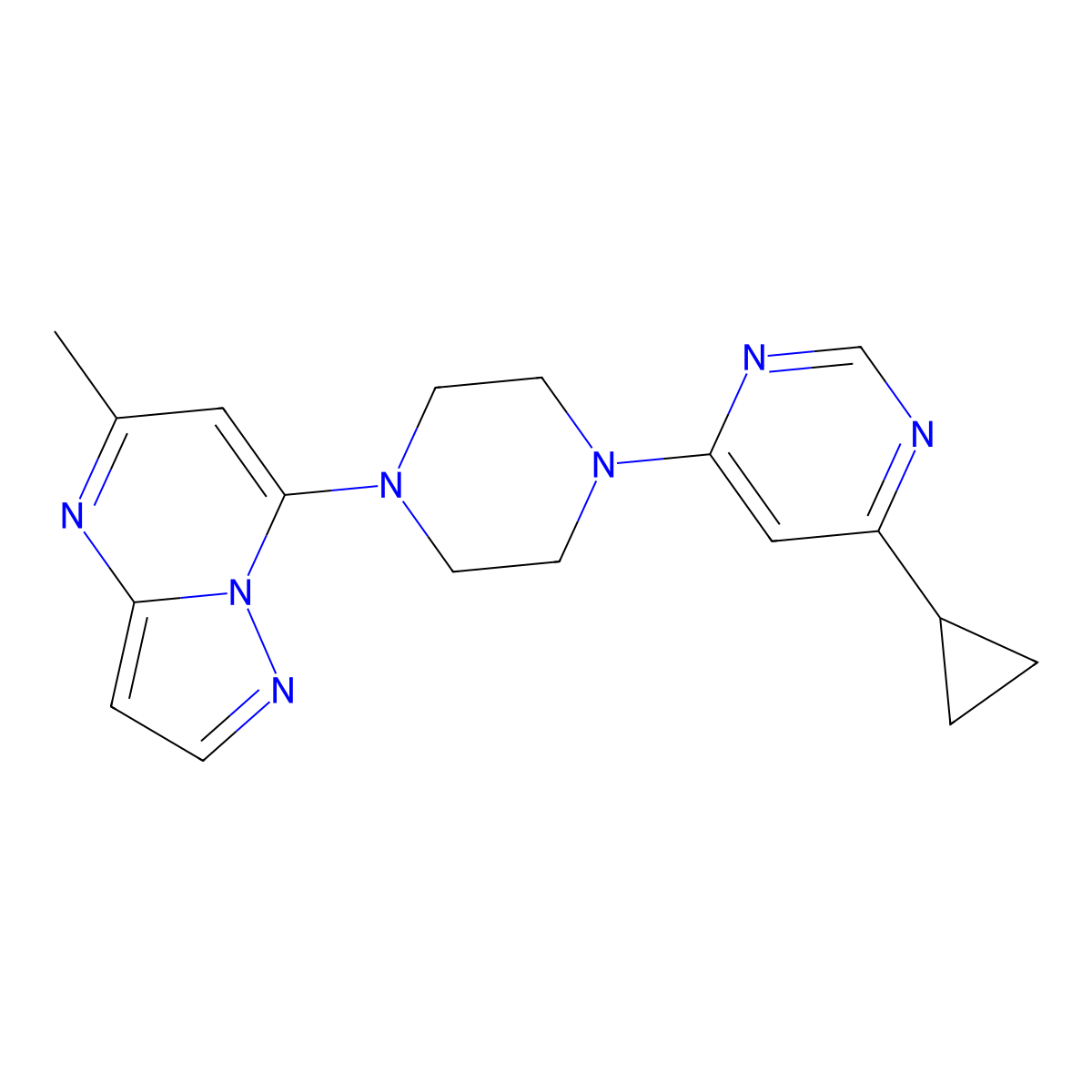 4-Cyclopropyl-6-(4-{5-methylpyrazolo[1,5-a]pyrimidin-7-yl}piperazin-1-yl)pyrimidine molecular structure, CAS 2380171-69-5
