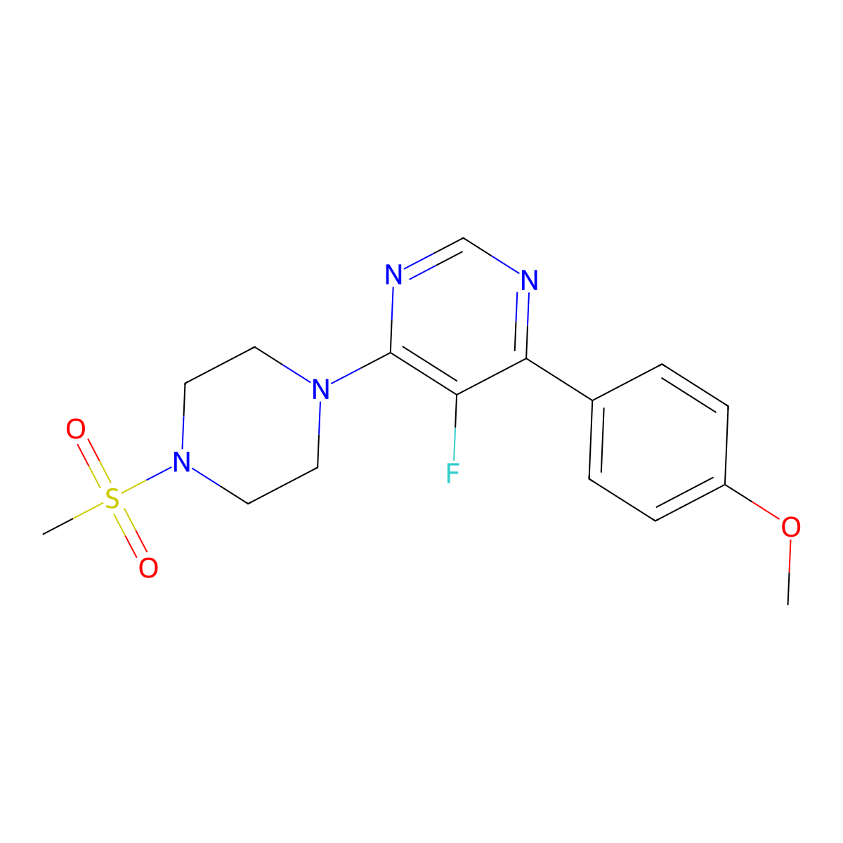 5-Fluoro-4-(4-methanesulfonylpiperazin-1-yl)-6-(4-methoxyphenyl)pyrimidine molecular structure, CAS 2380171-78-6