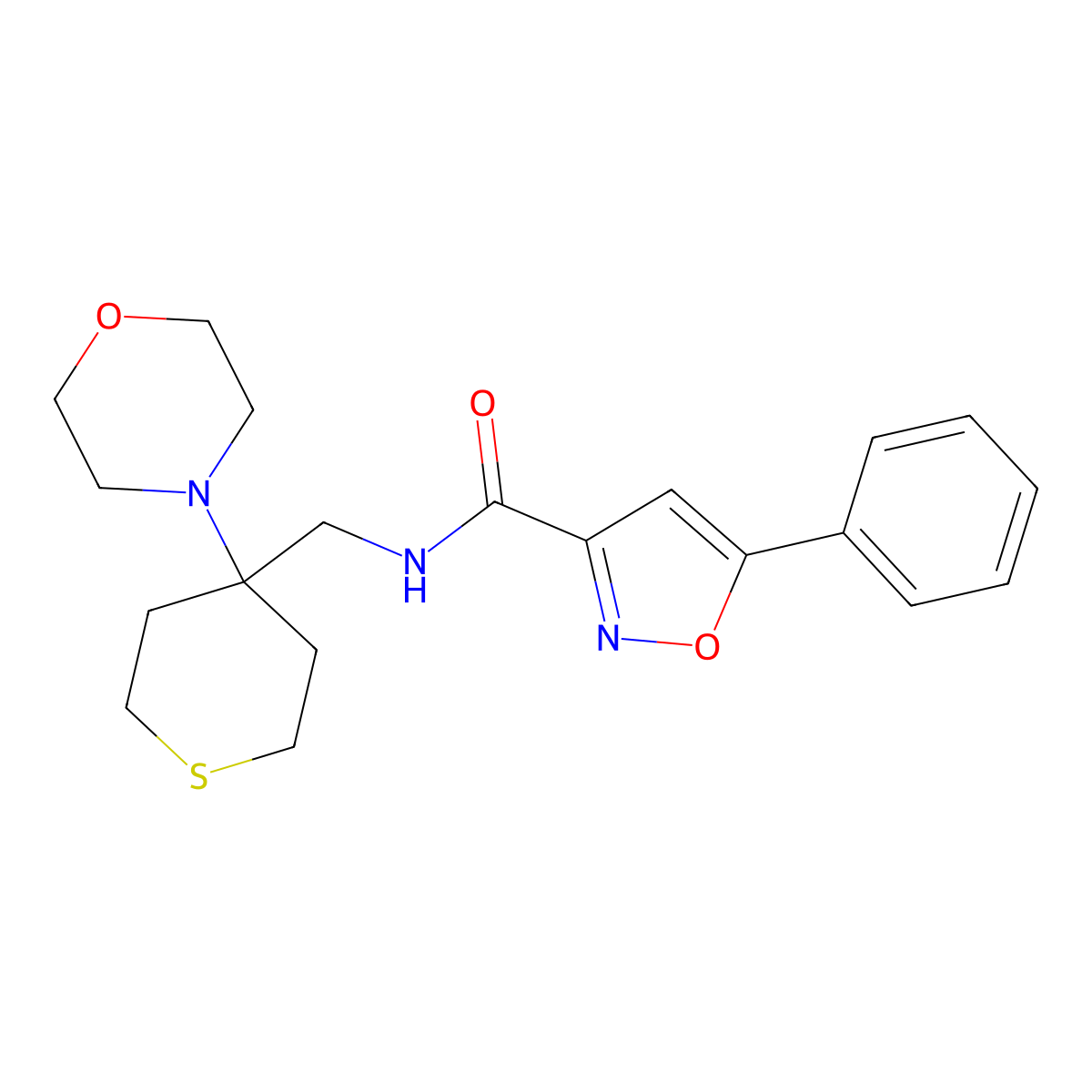 N-{[4-(morpholin-4-yl)thian-4-yl]methyl}-5-phenyl-1,2-oxazole-3-carboxamide molecular structure, CAS 2380171-80-0